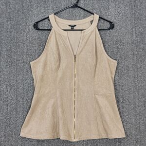 Guess Top Womens XL Tan Faux Suede Sleeveless V Neck Halter Zip Front Peplum